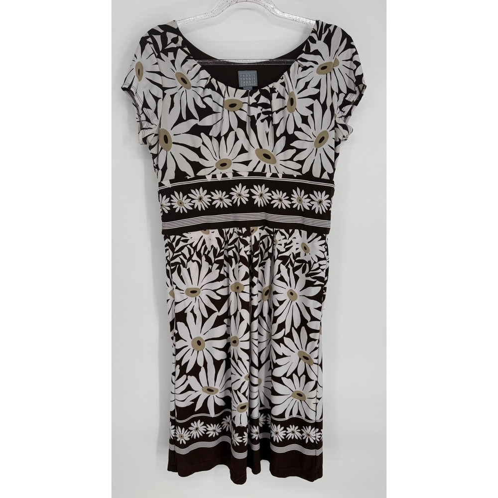 Rabbit Rabbit Rabbit Designs Brown White Daisy Floral Empire Waist Dress Sz 14